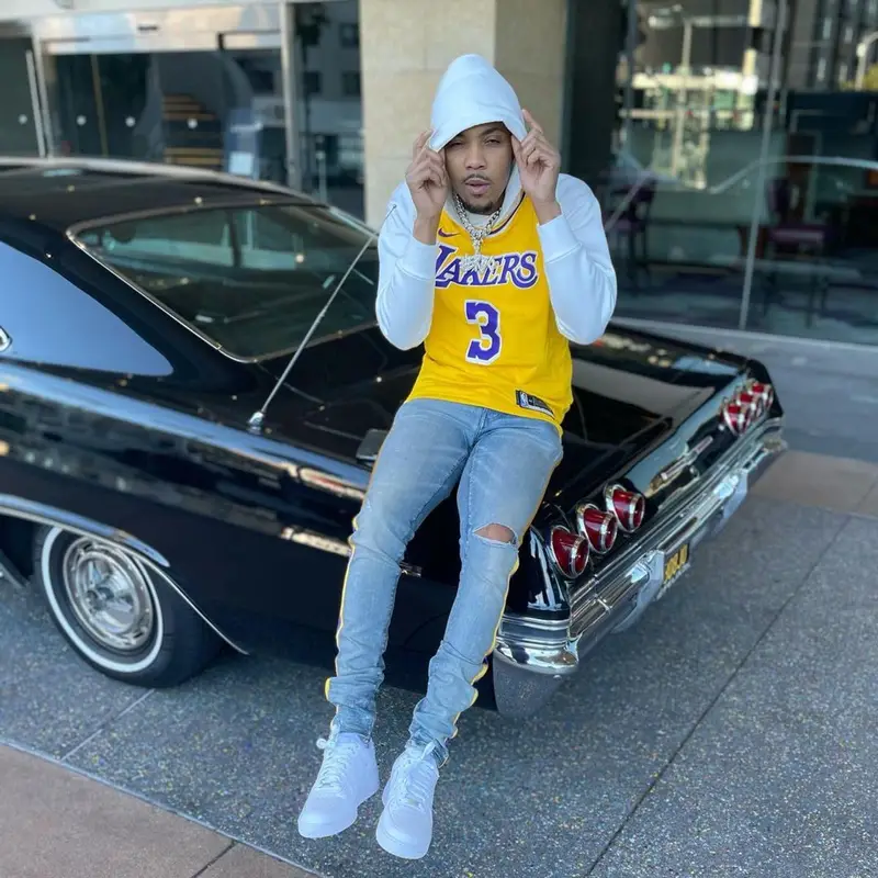 G Herbo outfit in Nike, Amiri, and Los Angeles Lakers, 2021