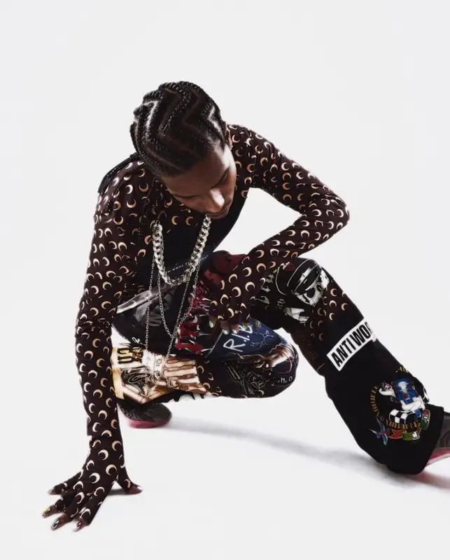 ASAP Rocky outfit in Marine Serre, Gucci, and AWGE, 2021
