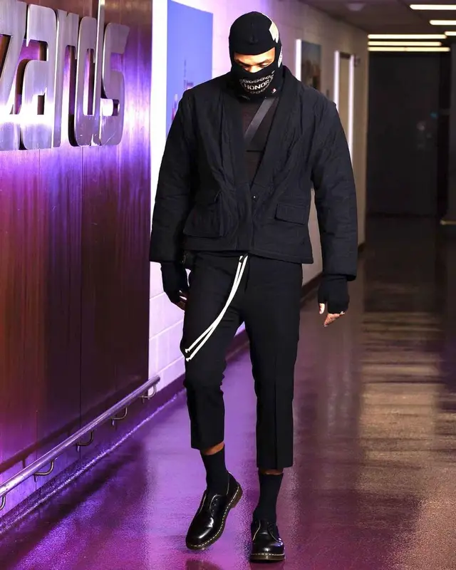 Russell Westbrook outfit in Rick Owens, Dr. Martens, and Honor The Gift, 2021