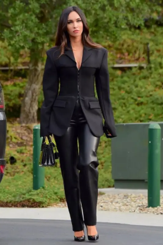 Megan Fox outfit in Dion Lee, Saint Laurent, and Pdpaola, 2021