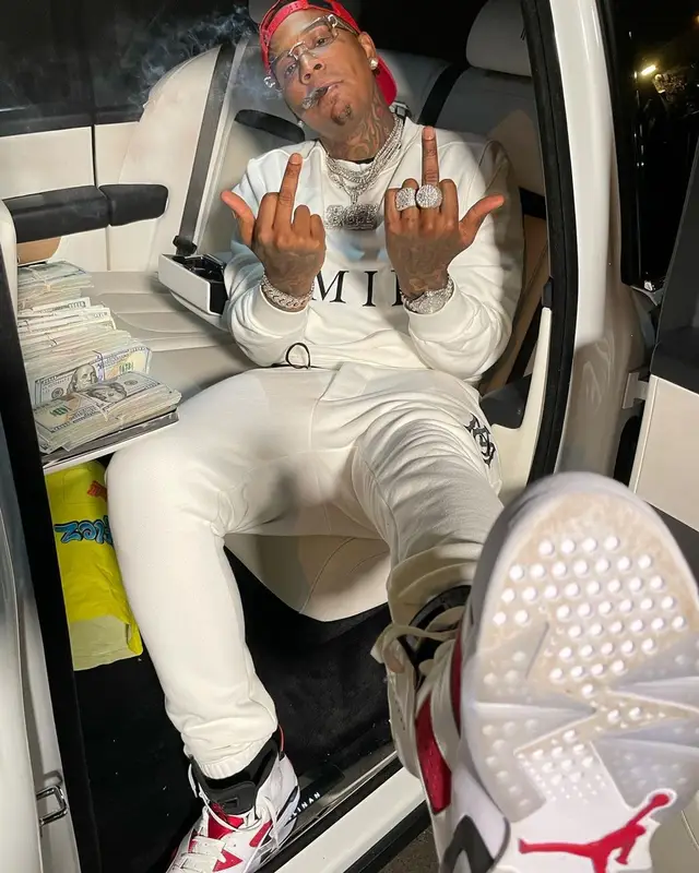 Moneybagg Yo outfit in Jordan and Amiri, 2021