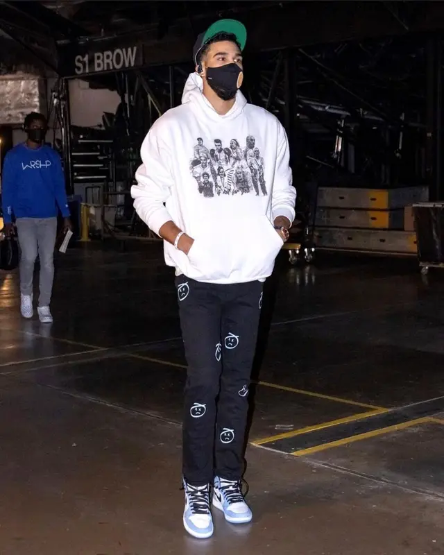 Jayson Tatum outfit in Sevin Kasran, Fear of God, and New Era, 2021