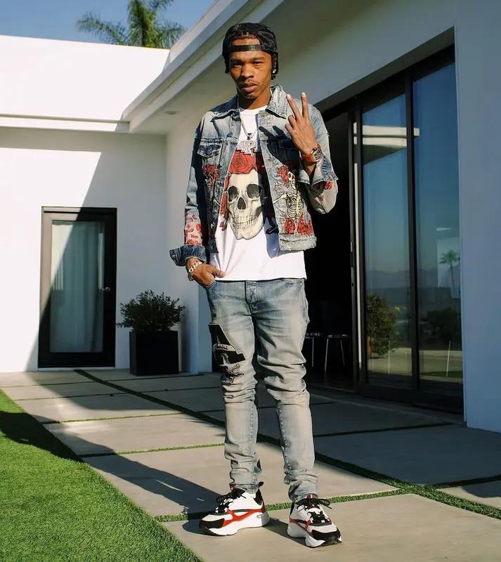 Lil Baby outfit in Amiri, Dior, and Grateful Dead, 2021