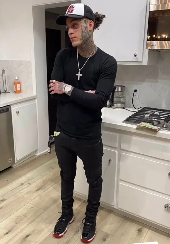 Lil Skies outfit in Rick Owens, Purple Brand, and Jordan, 2021