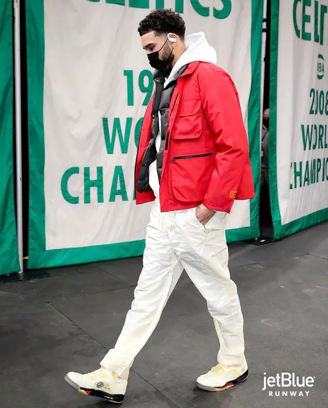 Jayson Tatum outfit in Heron Preston, Jordan, and Off-White, 2021