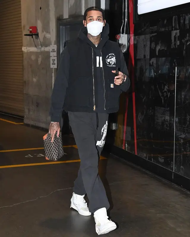 Jordan Clarkson outfit in Carhartt, Henry Mask, and Travis Scott Merch, 2021