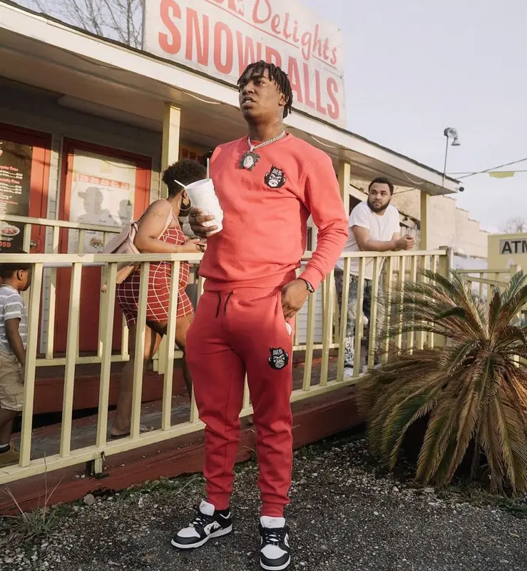 Fredo Bang outfit in Bang Biz Clothing, Supreme, and Nike, 2021