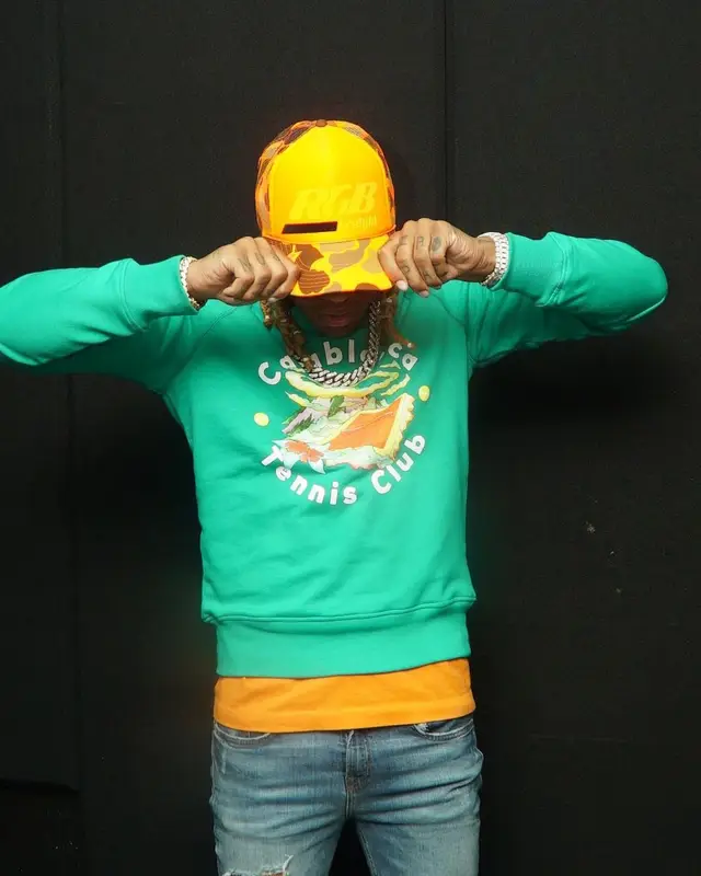 Lil Durk outfit in Casablanca, Milano Di Rouge, and Amiri, 2021