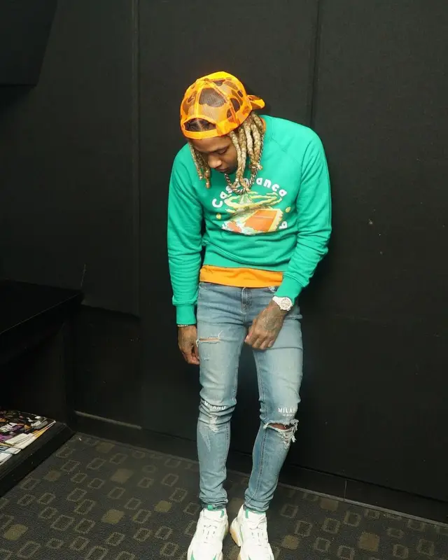 Lil Durk outfit in Casablanca, Milano Di Rouge, and Amiri, 2021