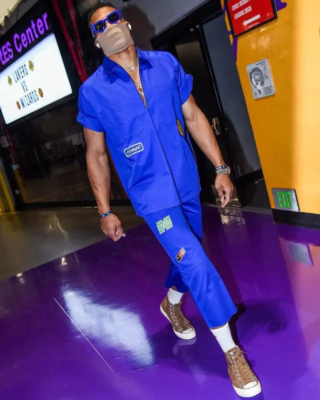 Russell Westbrook outfit in Honor The Gift, Converse, and Louis Vuitton, 2021