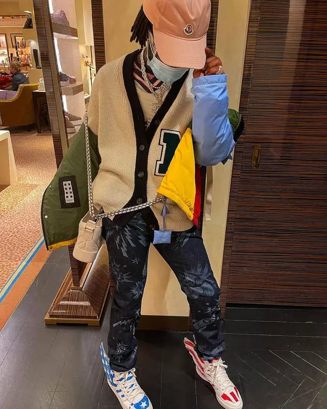 Lil Uzi Vert outfit in JW Anderson, Miu Miu, and Moncler, 2021