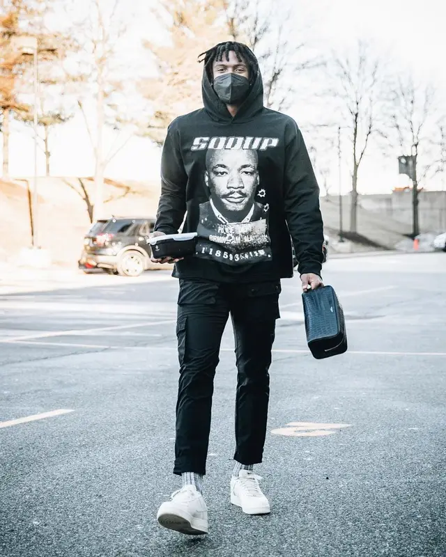 Tyrese Maxey outfit in Rhude, Nike, and Saint Laurent, 2021