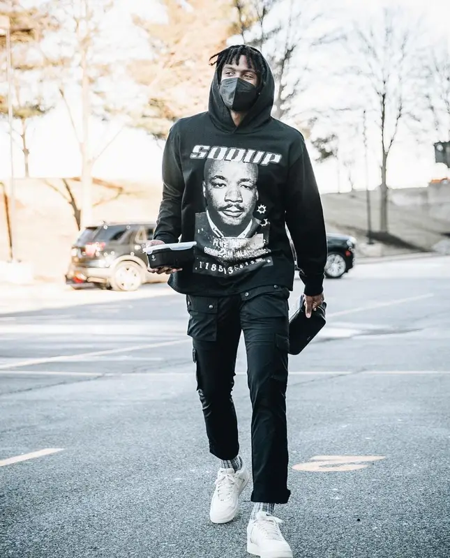 Tyrese Maxey outfit in Rhude, Nike, and Saint Laurent, 2021