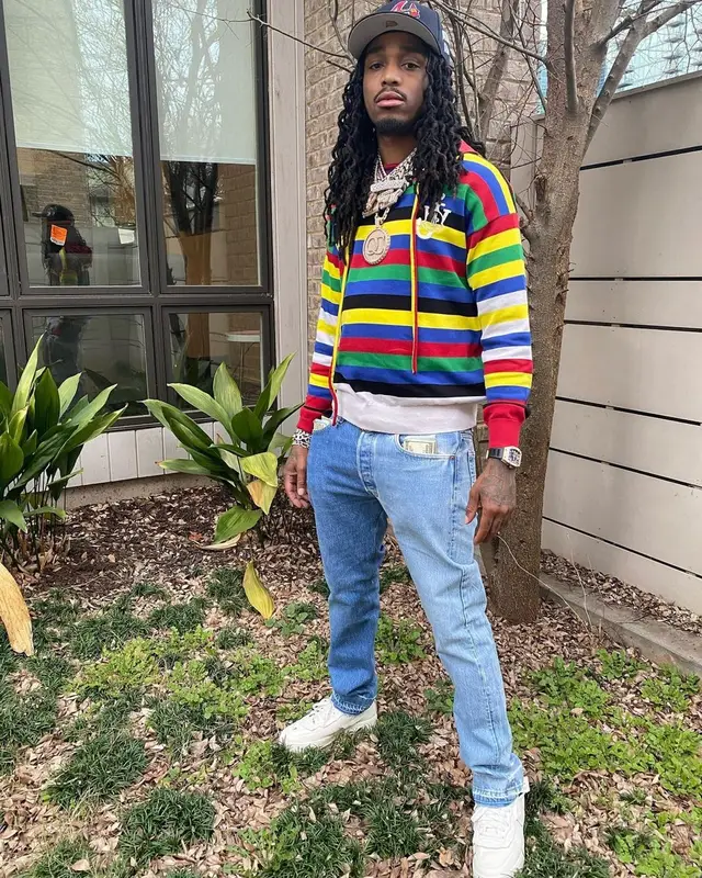 Quavo outfit in Moncler, New Era, and Offset Merch, 2021