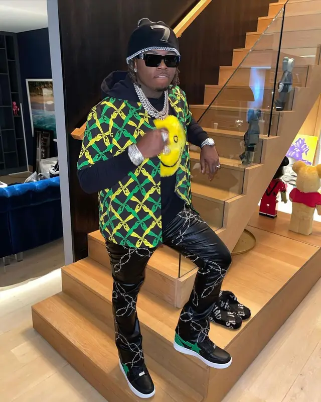 Gunna outfit in Bottega Veneta, Louis Vuitton, and 730 Los Angeles, 2021