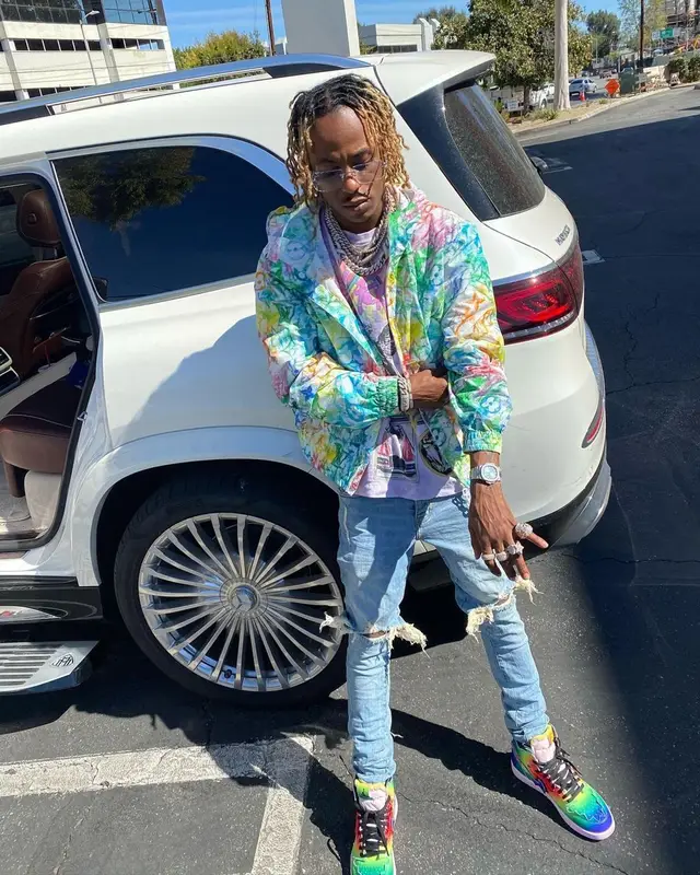 Rich The Kid outfit in Louis Vuitton, Rich The Kid Merch, and Purple Brand, 2021