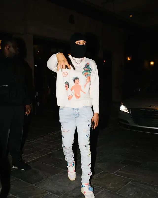 G Herbo outfit in Sicko, Amiri, and Grateful Dead, 2021