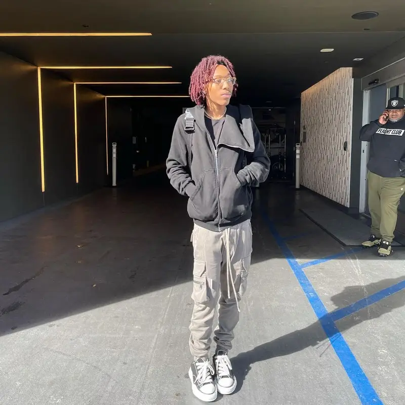 Lil Tecca outfit in Rick Owens, Maison Mihara Yasuhiro, and Ray-Ban, 2021