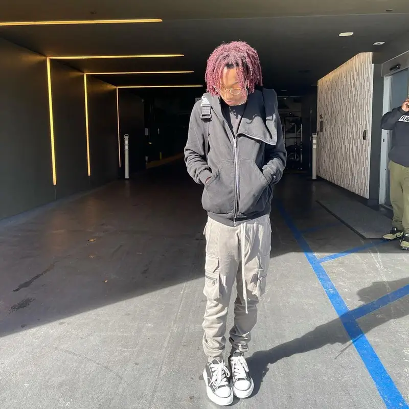 Lil Tecca outfit in Rick Owens, Maison Mihara Yasuhiro, and Ray-Ban, 2021