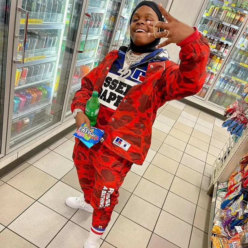 42 Dugg outfit in Bape, Russell Athletic, and Travis Scott Merch, 2021