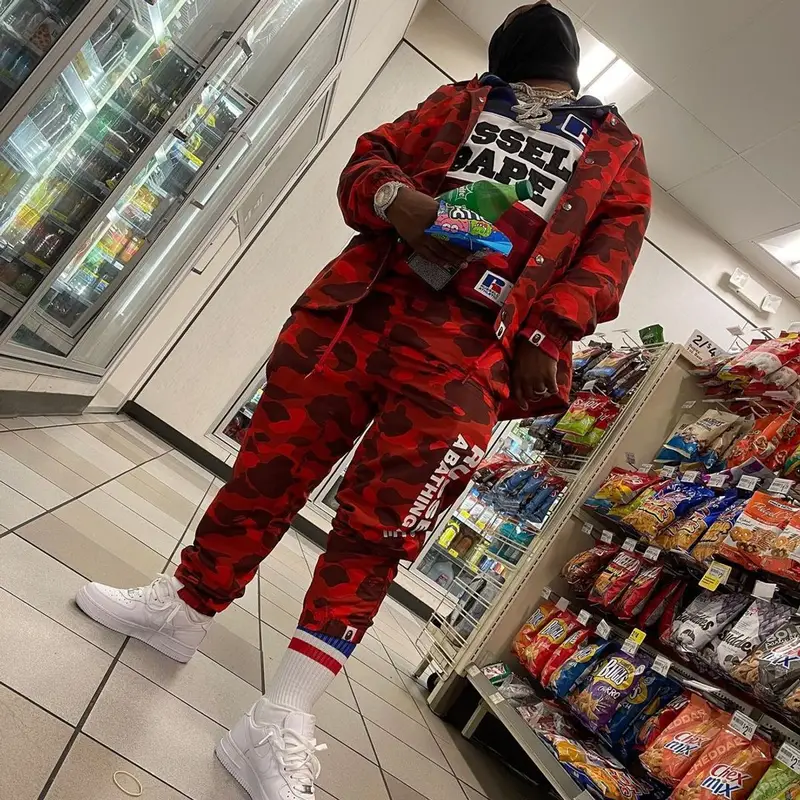 42 Dugg outfit in Bape, Russell Athletic, and Travis Scott Merch, 2021