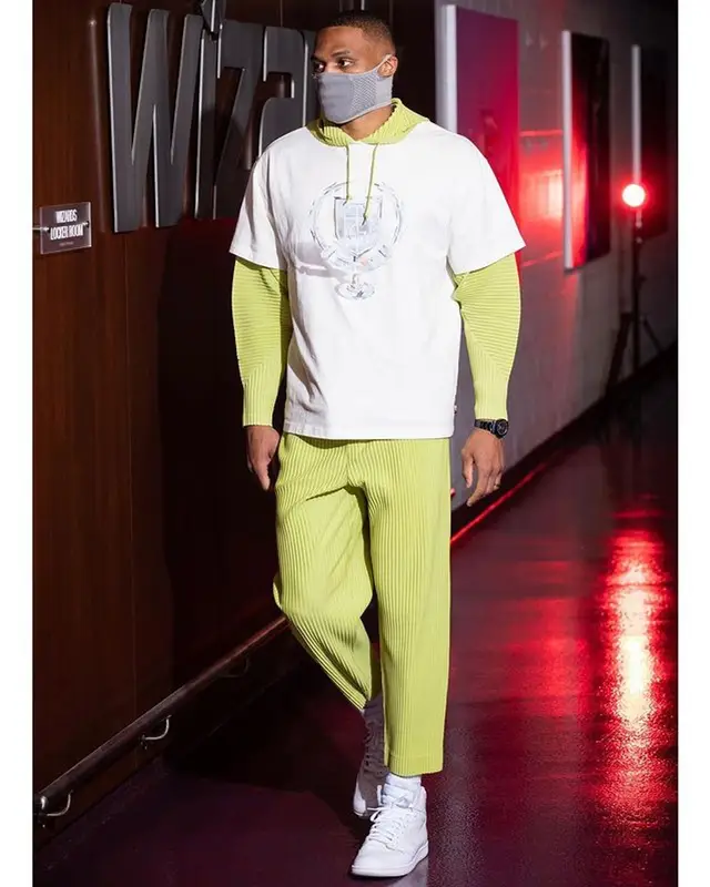 Russell Westbrook outfit in Honor The Gift, Issey Miyake, and Nike, 2021