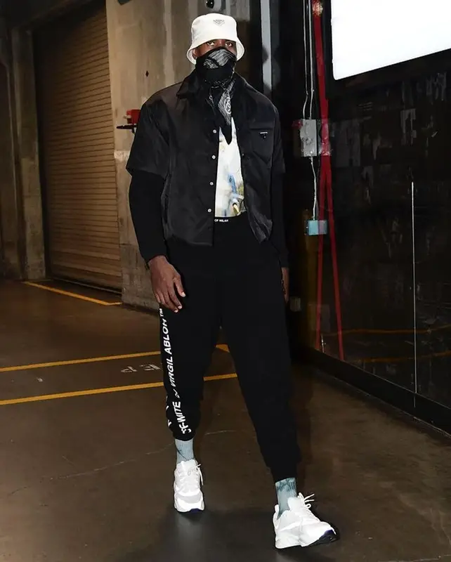 Serge Ibaka outfit in Marcelo Burlon County of Milan, Off-White, and Prada, 2021