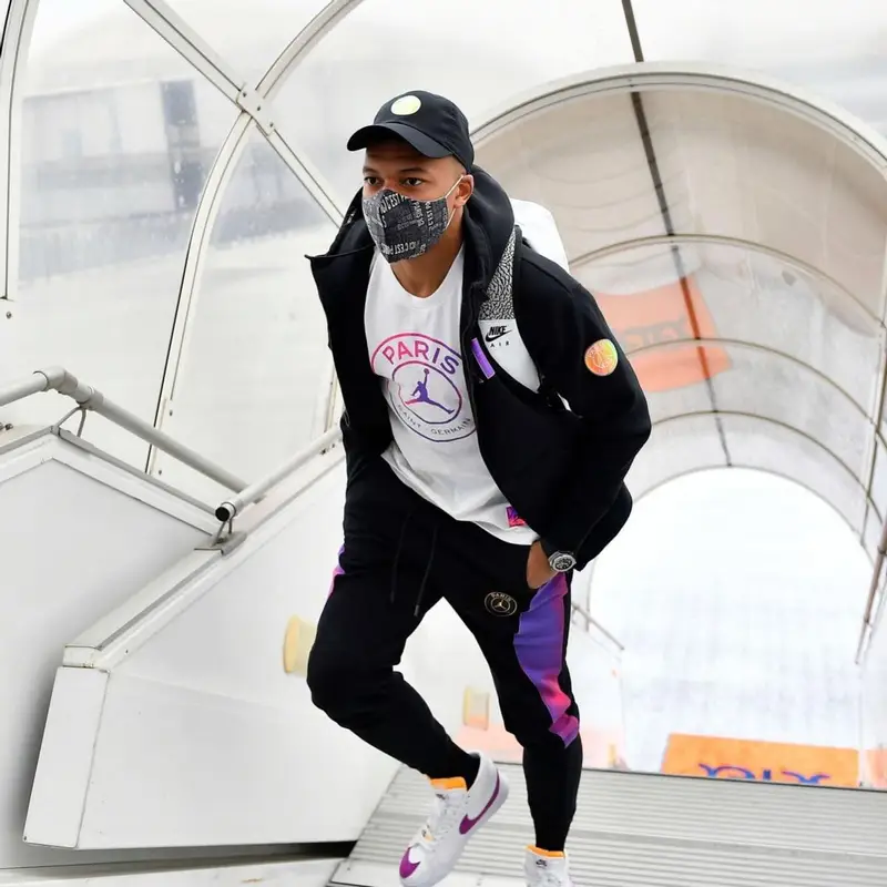 Kylian Mbappe outfit in Jordan, Nike, and Paris Saint-Germain, 2021