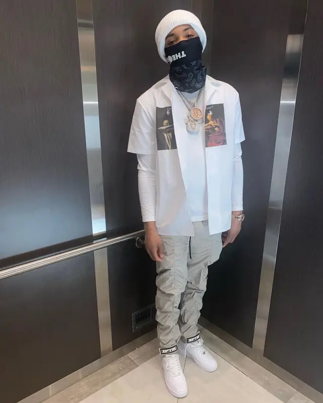 G Herbo outfit in Off-White, Nike, and The Hundreds, 2021