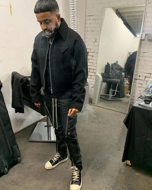 Nav outfit in Bottega Veneta and Rick Owens, 2021