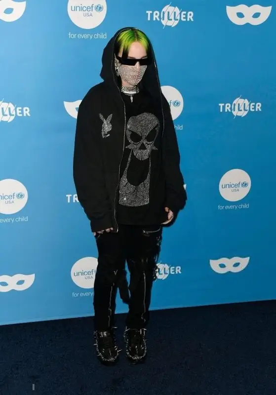 Billie Eilish outfit in Slumpy Kev, Tripp NYC, and Retrosuperfuture, 2019