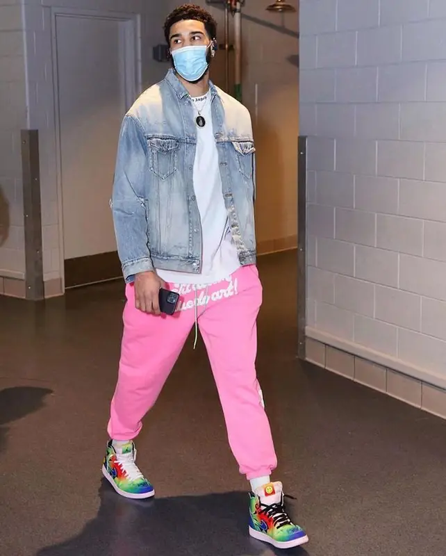 Jayson Tatum outfit in Palm Angels, J Balvin Merch, and Nike, 2021