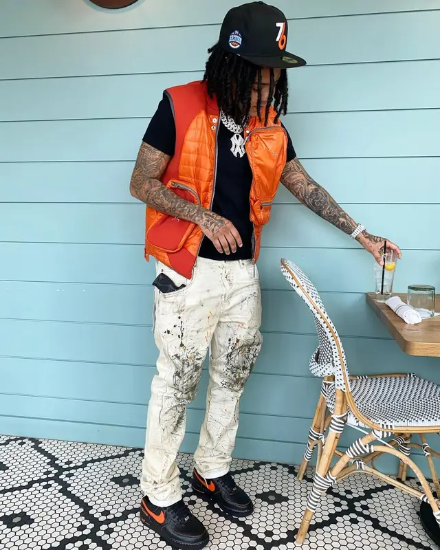 Young M.A outfit in A-Cold-Wall*, Purple Brand, and New Era, 2021