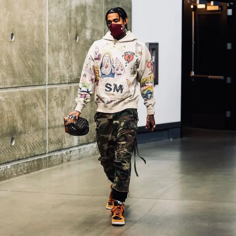 Jordan Clarkson outfit in Nike, Goyard, and Henry Mask, 2021