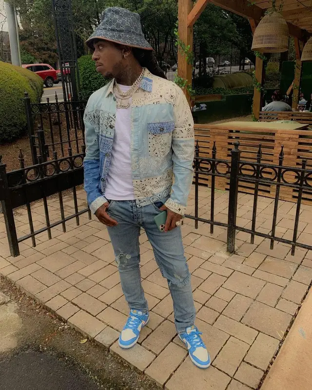 Jacquees outfit in Kapital, Nike, and Gucci, 2021