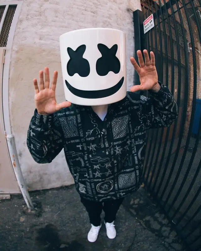 Marshmello outfit in Ksubi, Amiri, and Marshmello Merch, 2021