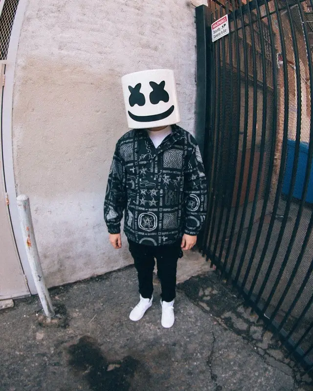 Marshmello outfit in Ksubi, Amiri, and Marshmello Merch, 2021