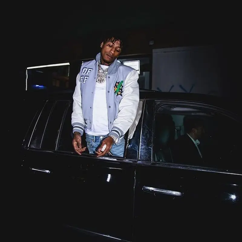 NBA YoungBoy outfit in Off-White, Purple Brand, and Nike, 2021