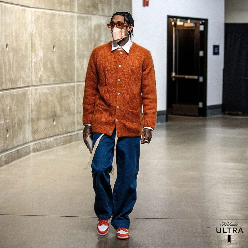 Jordan Clarkson outfit in Gucci, Loewe, and Henry Mask, 2021
