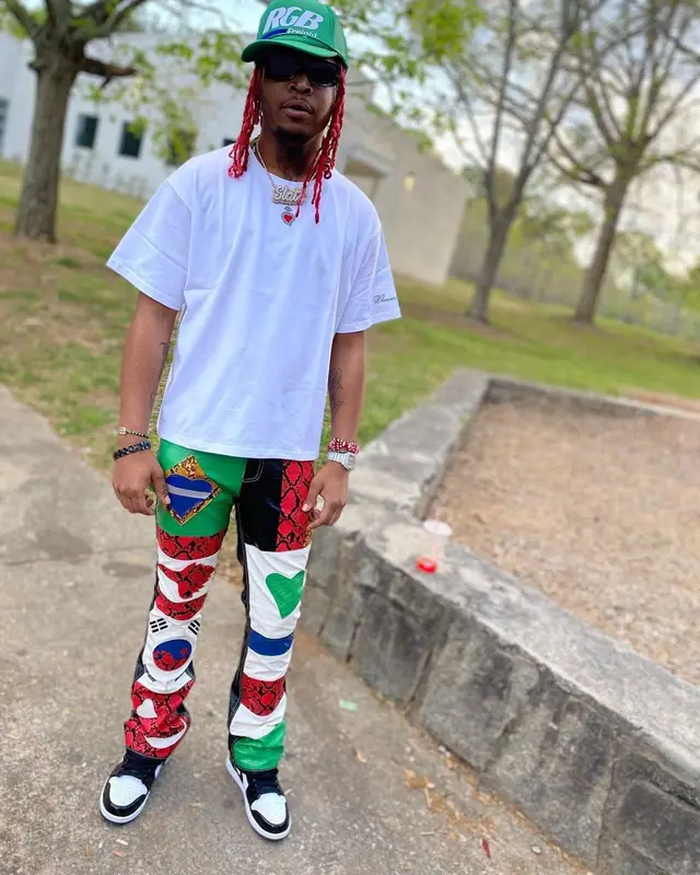 Lil Keed outfit in Whensmokeclears, Nike, and RoyGBiv, 2021