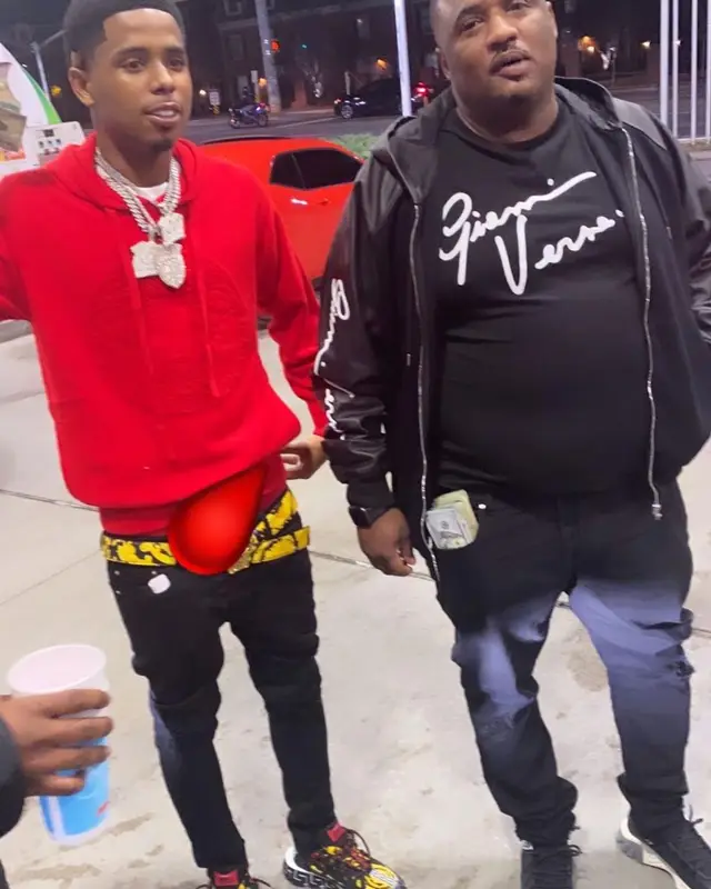 Pooh Shiesty outfit in Versace and Amiri, 2021