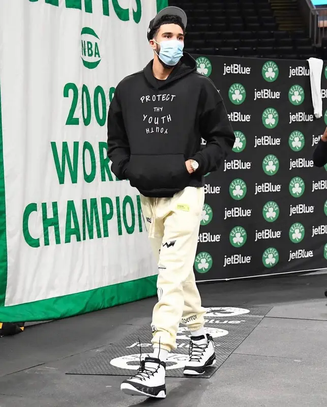 Jayson Tatum outfit in Phase, Jordan, and Fear of God, 2021