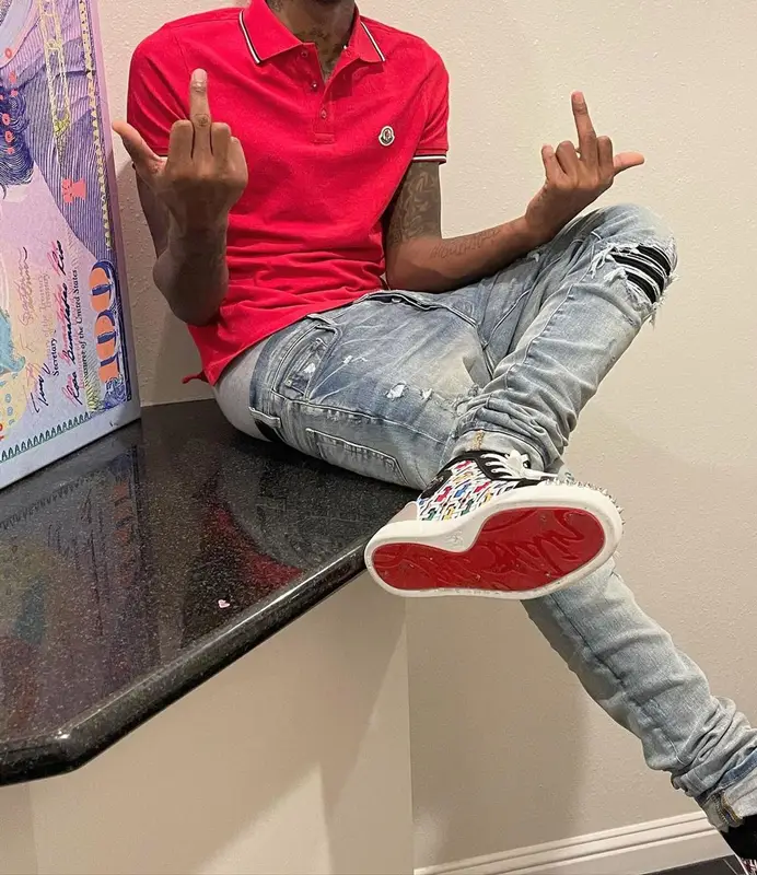 Funny Mike outfit in Moncler, Amiri, and Christian Louboutin, 2021