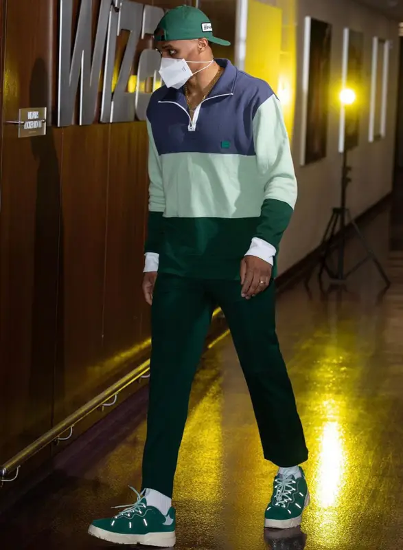 Russell Westbrook outfit in Acne Studios, Honor The Gift, and Henry Mask, 2021