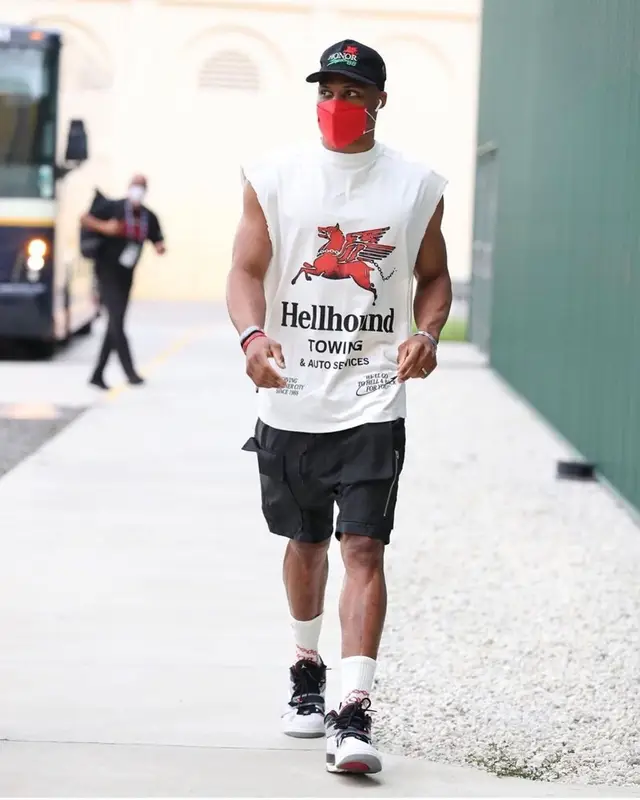 Russell Westbrook outfit in Jordan, Honor The Gift, and Henry Mask, 2020