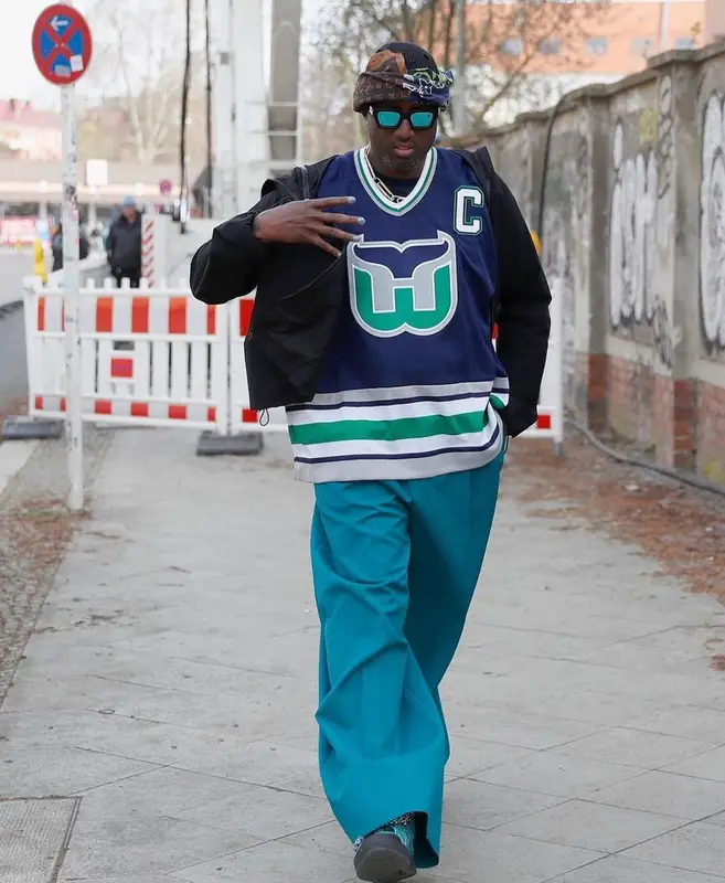Virgil Abloh outfit in Virgil Abloh, Louis Vuitton, and Jacob & Co., 2021