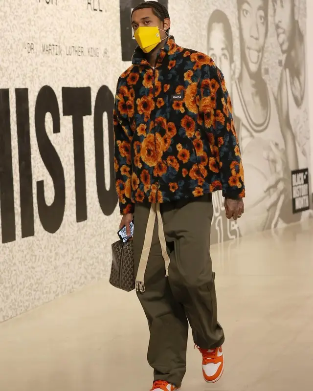 Jordan Clarkson outfit in Martine Rose, Goyard, and Henry Mask, 2021
