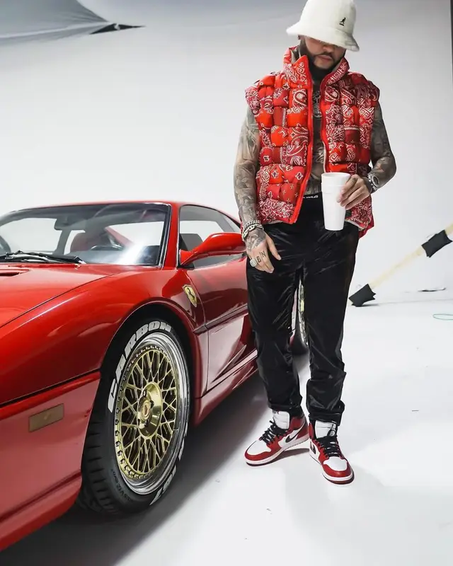 Farruko outfit in Kapital, Kangol, and Supreme, 2021
