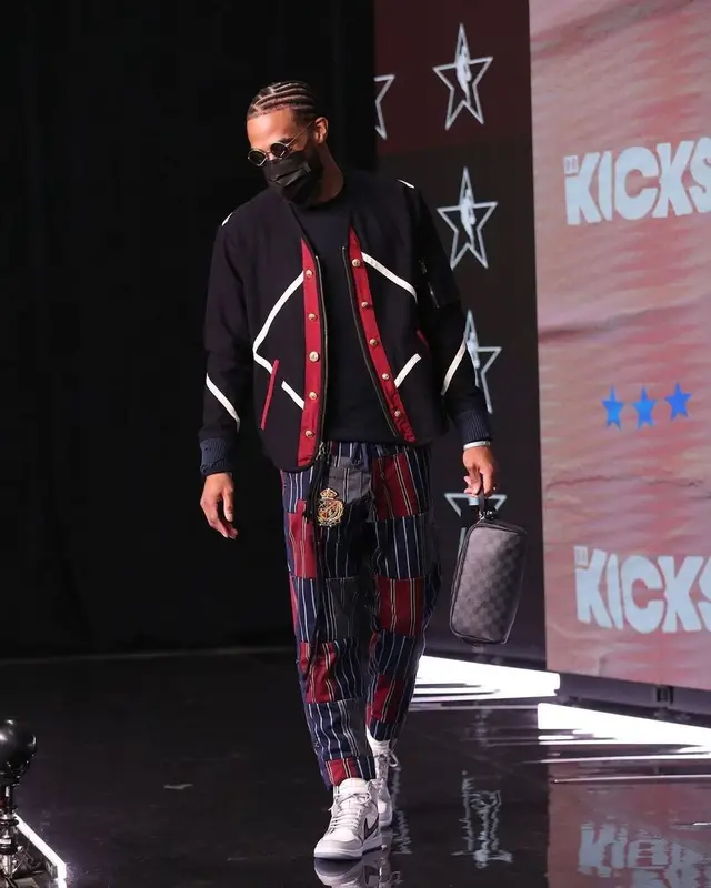 Mike Conley outfit in Greg Lauren, Nike, and Louis Vuitton, 2021