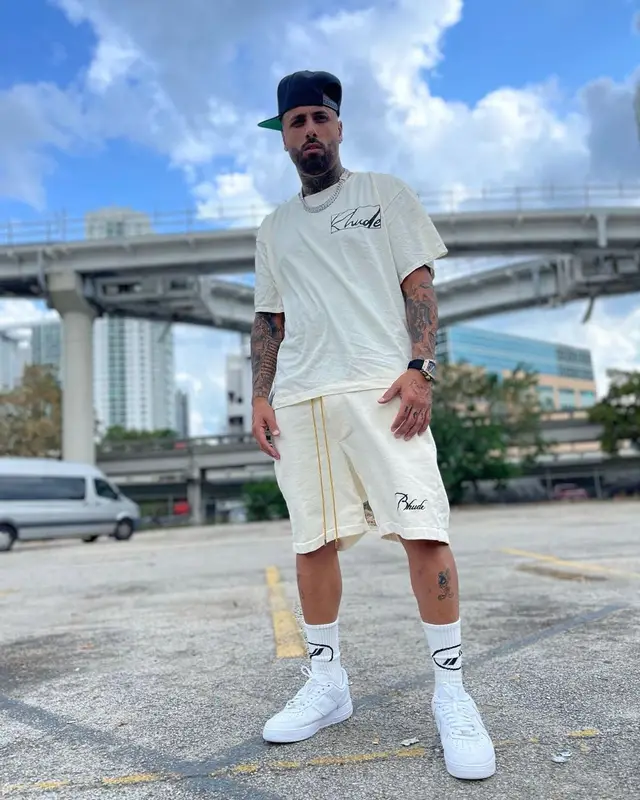 Nicky Jam outfit in Rhude and Nike, 2021